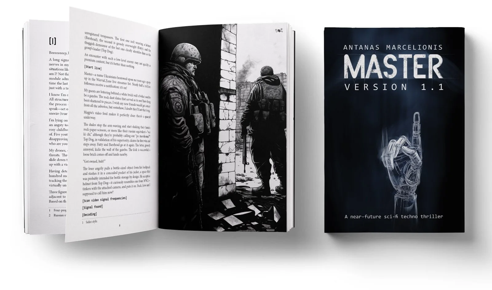 Master Version 1.1: the paperback, open at an illustration, and its cover
